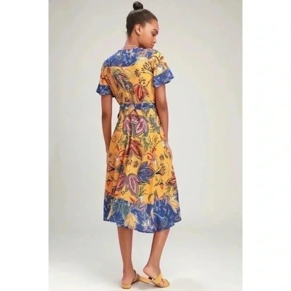 Lulus Atlantis Blue and Yellow Print Wrap Midi Dress XS - Picture 2 of 8